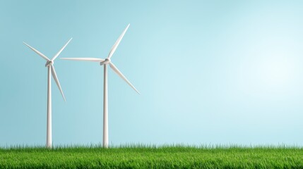 Fototapeta premium Two white wind turbines stand in a field of green grass against a light blue sky. Clean energy, sustainability concept.