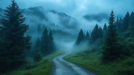 Winding path through misty forest, evergreen trees, and grass landscape in a cool, moody environment