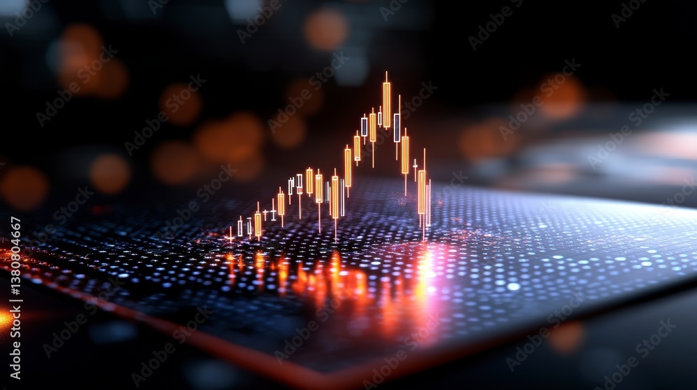 Aufkleber abstract 3d rendering of a glowing orange and blue financial graph rising on a dark, textured surfac