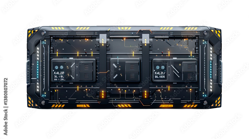 Aufkleber futuristic tech module: an intricately designed, industrial-style tech module with glowing lights, h