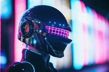 Futuristic Neon Cyberpunk Helmet Design Digital Art Mask Pink Blue Dark City Style SciFi Shiny Night