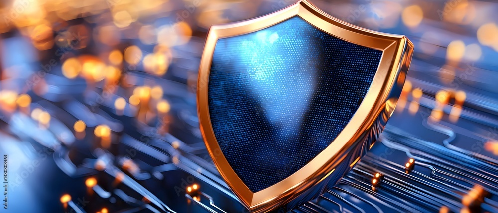 Aufkleber cyber safety event protecting user data with holographic shield icon in online environments