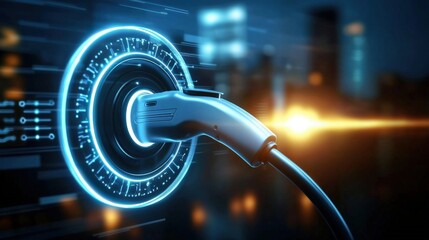 Electric vehicle charging action urban environment digital art night scene futuristic concept for sustainable transportation