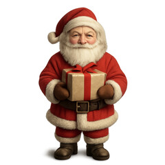 Naklejka premium A cartoonish version of Santa Claus holding a box. The image has a playful and festive mood. Isolated on transparent background