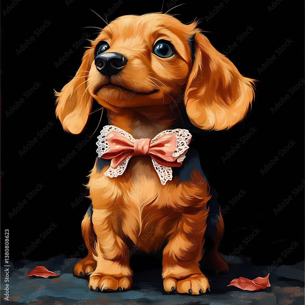 Poster cute puppy wearing a bowtie in a dark setting with leaves around generative ai