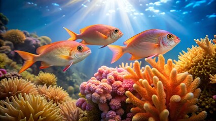Obraz premium Colorful Reef Fish Swimming Above Vibrant Coral Underwater Scene