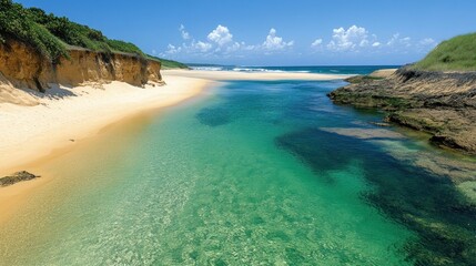 Obraz premium Pristine beach cove, crystal-clear water, lush hills, sunny day