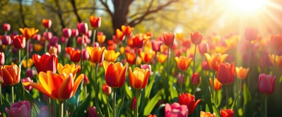 Fototapeta premium Sun-drenched meadow ablaze with vibrant tulips in a kaleidoscope of colors, bloom, sunny, floral background