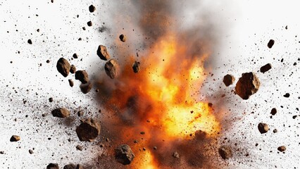 Fototapeta premium A massive rock explosion with debris scattered across a clean white surface