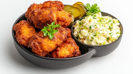Fototapeta premium Crispy fried chicken tenders served with creamy coleslaw and bread and butter pickles in a black bowl, close up view.
