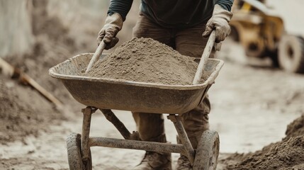 A construction worker lifting a wheelbarrow of sand. Featuring strength and teamwork