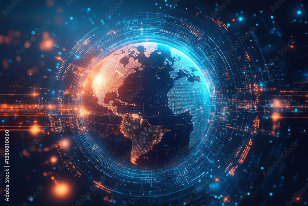 Poster futuristic digital data lines surrounding rotating planet earth, representing global communication a