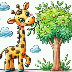 Naklejka premium The playful pencil sketch mimics a child's drawing. A cheerful giraffe with large eyes and brown spots eats leaves from a tree, surrounded by crayons and clouds in a bright crayon-drawn style.