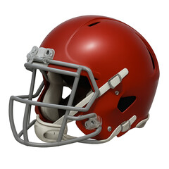 Fototapeta premium A red football helmet with a white stripe. The helmet is made of plastic and is designed to protect the head during football games. Isolated on transparent background