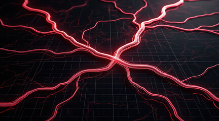 vibrant biological network of red lines crosses dark boundary, creating striking visual