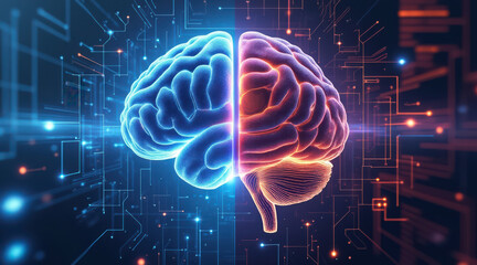biological brain illustration showcases boundary between creativity and logic in digital world