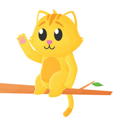 Little cute Orange Cat sit down in branch of tree with waving hand pose flat art vector design illustration cute simple style. Perfect for animal or kid asset template sticker and books cover
