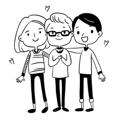 Two very close friends. Friendship in jung age between girl and boys. Outline sketch style 