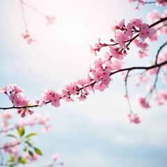 Obraz premium Subtle cherry blossom gradient on light blue sky, natural elements, tranquil, aesthetic, image
