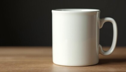 Classic white ceramic mug, handle detail visible, cozy, clean