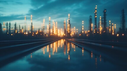 Fototapeta premium Illuminated refinery at dusk, reflecting in still water.