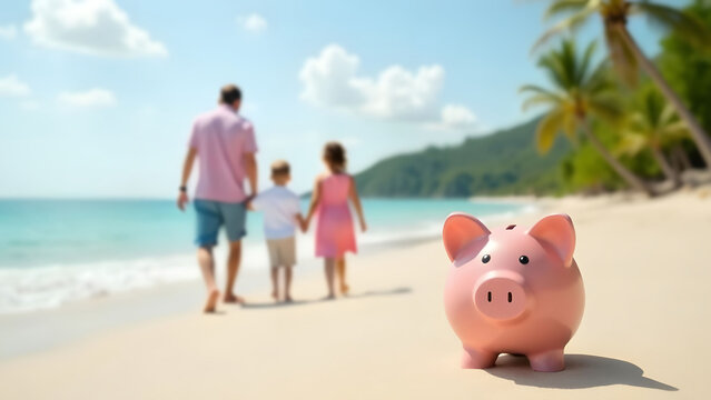 Pink piggy bank on golden sand beach with family walking along shoreline on background, joyful family vacation savings concept, financial planning for memories