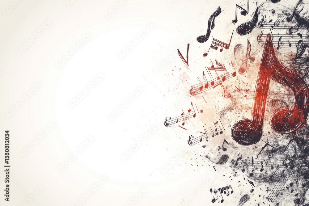 Poster hand-drawn music notes and symbols flowing on a vibrant background, creating a visual representation