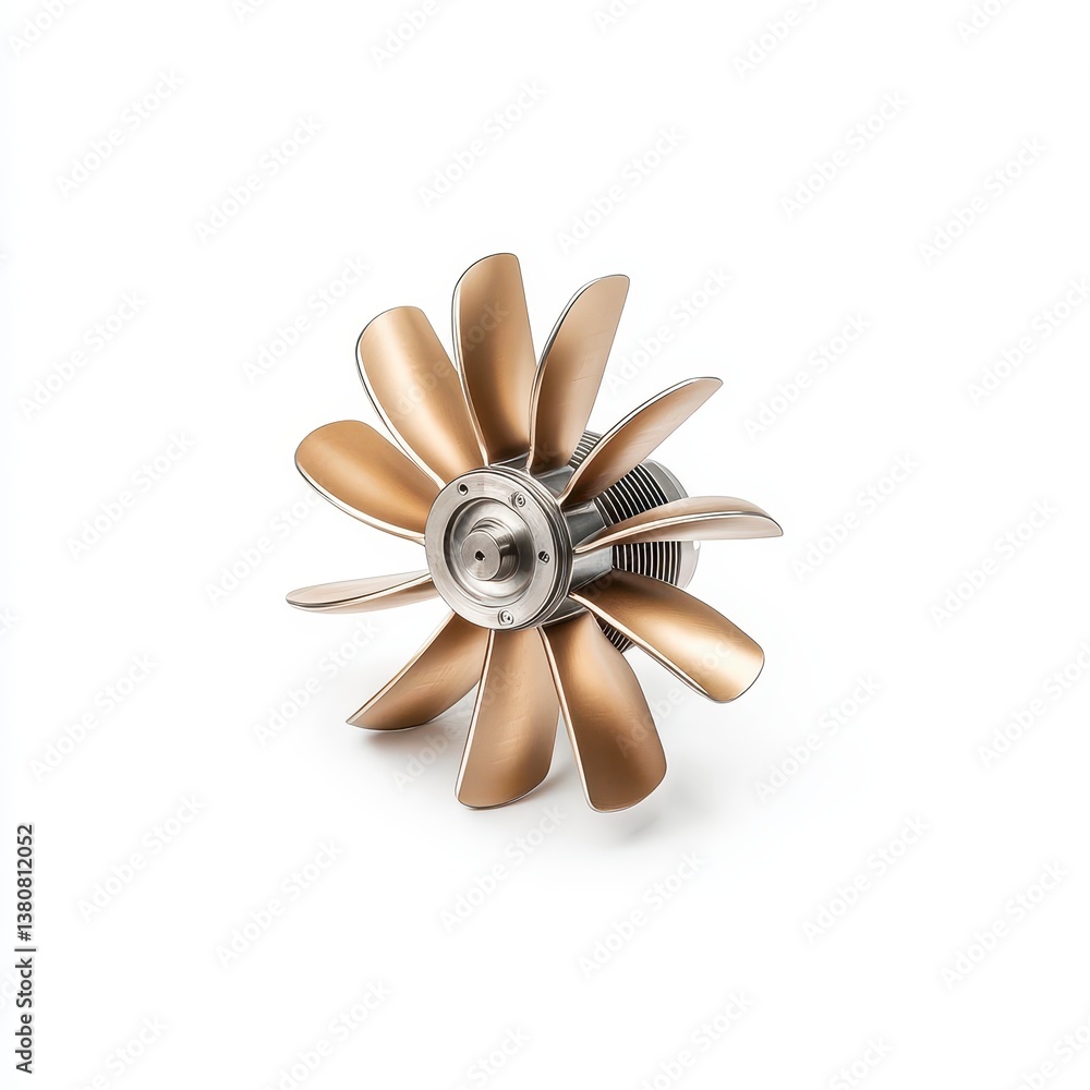 Aufkleber close up view of a gold toned turbine or propeller with multiple blades against a white background. 