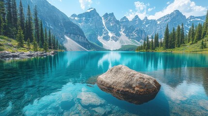 Moraine Lake's Serenity: A Breathtaking View of Turquoise Waters and Majestic Mountains