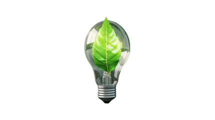 Eco-friendly Innovation: A vivid green leaf thrives within a clear lightbulb, a symbol of sustainable ideas and ecological consciousness. This represents a synergy between nature and innovation.