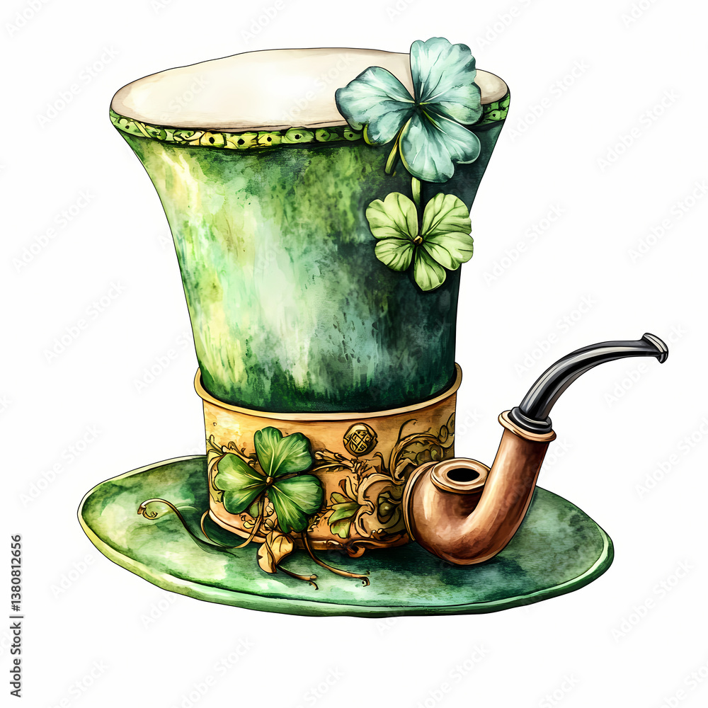 Poster unique green top hat with pipe and clovers design for st. patrick's day generative ai