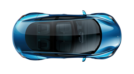 Sleek Blue Vehicle: A high-angle shot captures a modern vehicle in a vibrant blue hue, showcasing its aerodynamic design and streamlined silhouette.