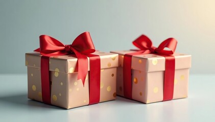Naklejka premium Elegant red ribbon tied gift boxes, gold accents, background, holiday