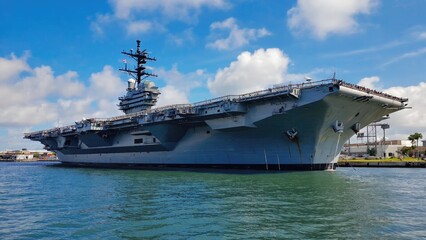 Aircraft carrier docked in the water, ready for maintenance or refueling
