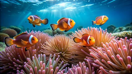 Colorful Clownfish Swimming Among Vibrant Sea Anemones Underwater