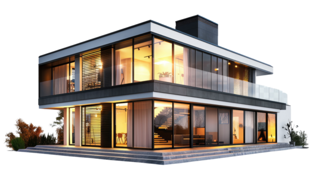 Modern Architectural Marvel: A contemporary, two-story structure showcases sleek lines, expansive glass windows, and a stylish design, embodying modern living.