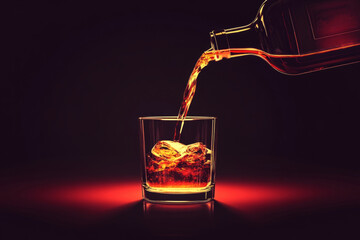 Whiskey pouring from bottle into glass with ice on dark background with red highlights