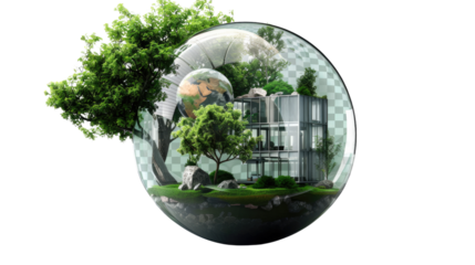 Sustainable Living: A conceptual image of a modern house, an ecosystem, and planet earth encapsulated within a glass sphere.