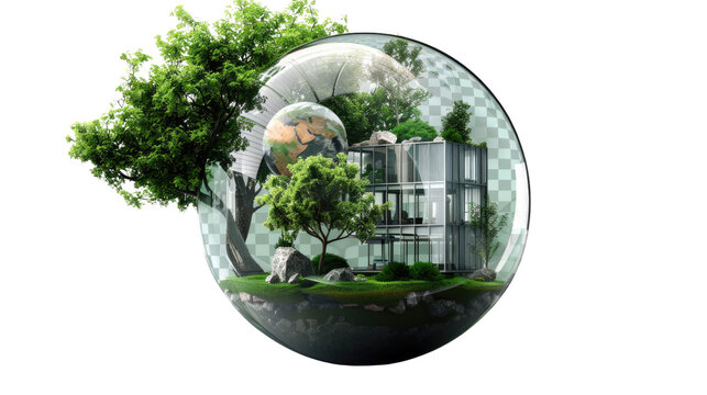 Sustainable Living: A conceptual image of a modern house, an ecosystem, and planet earth encapsulated within a glass sphere.