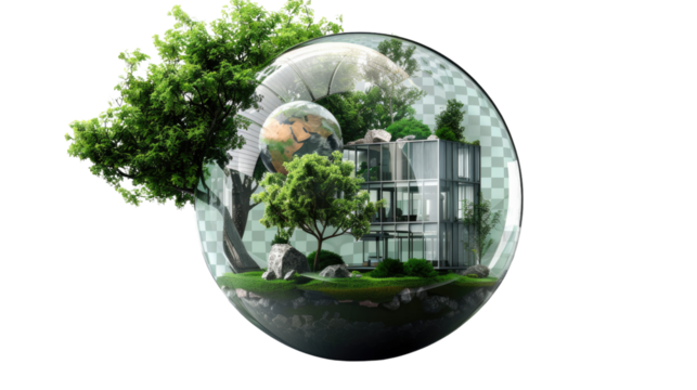 Sustainable Living: A conceptual image of a modern house, an ecosystem, and planet earth encapsulated within a glass sphere.