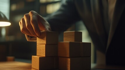 A person in a suit carefully stacks wooden blocks in a balancing game