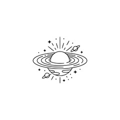 Minimalist Line Art Planet Saturn with Stars and Sunburst, White Background