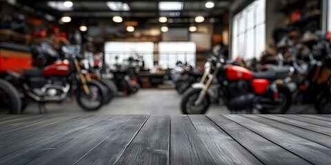 foreground Empty grey wood table top with motorcycle service centre motorcycles repair workshop blurred background, hight quality