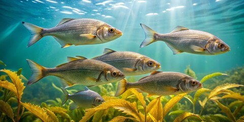 Underwater Scene with Schools of Fish and Aquatic Plants in Light