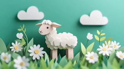 Fototapete Rund Cute paper craft lamb in a spring meadow. © Almahyra