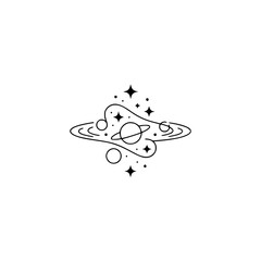 Minimalist Celestial Icon: Planet, Stars & Orbit in Black on White