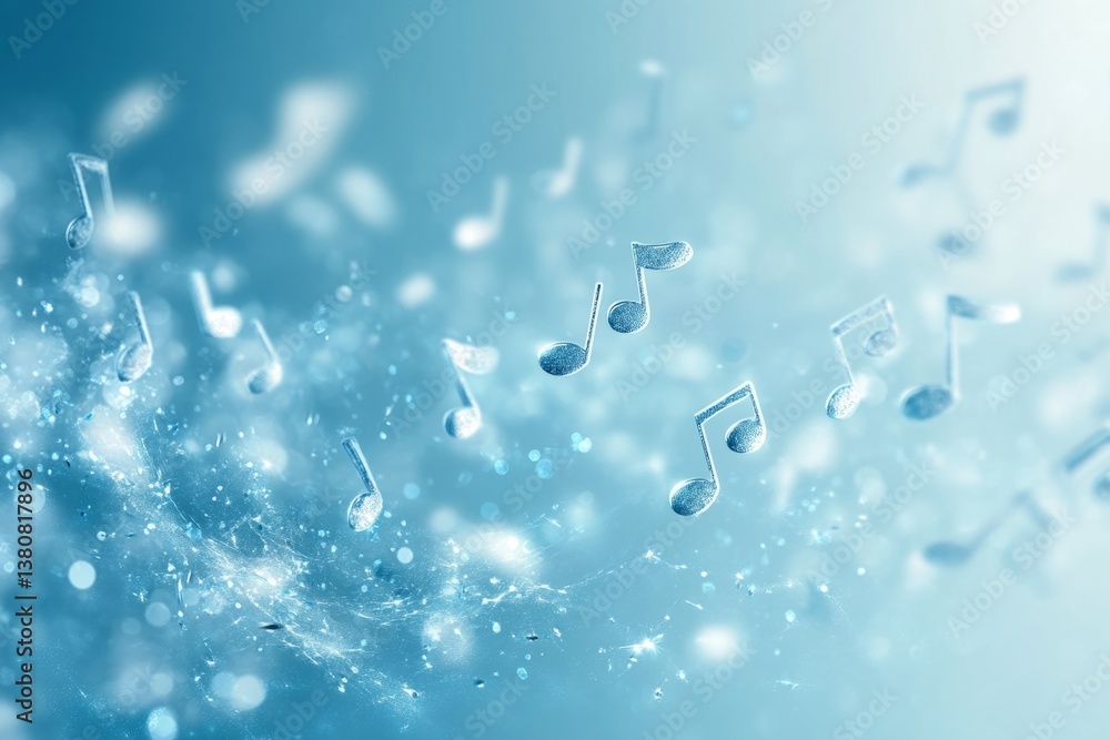 Aufkleber eighth notes are floating in an abstract blue background with sparkling lights, creating a dreamy an