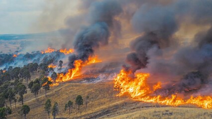 A massive blaze is raging in the center of an open field, with flames and smoke filling the air