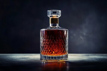 Elegant crystal decanter containing amber liquid sits on a dark, polished surface, exuding sophistication and luxury