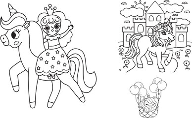 unicorn coloring page, princess and unicorn, fairytale unicorn, castle unicorn, magical unicorn illustration, kids unicorn printable, enchanted unicorn, unicorn with castle, fantasy unicorn art, kawai